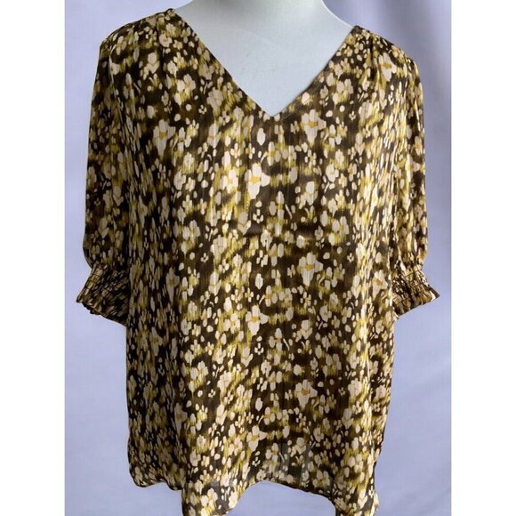 Rachel Zoe Brown Gold Metallic Abstract VNeck Lined Blouse Quarter Sleeves Large - Picture 2 of 7